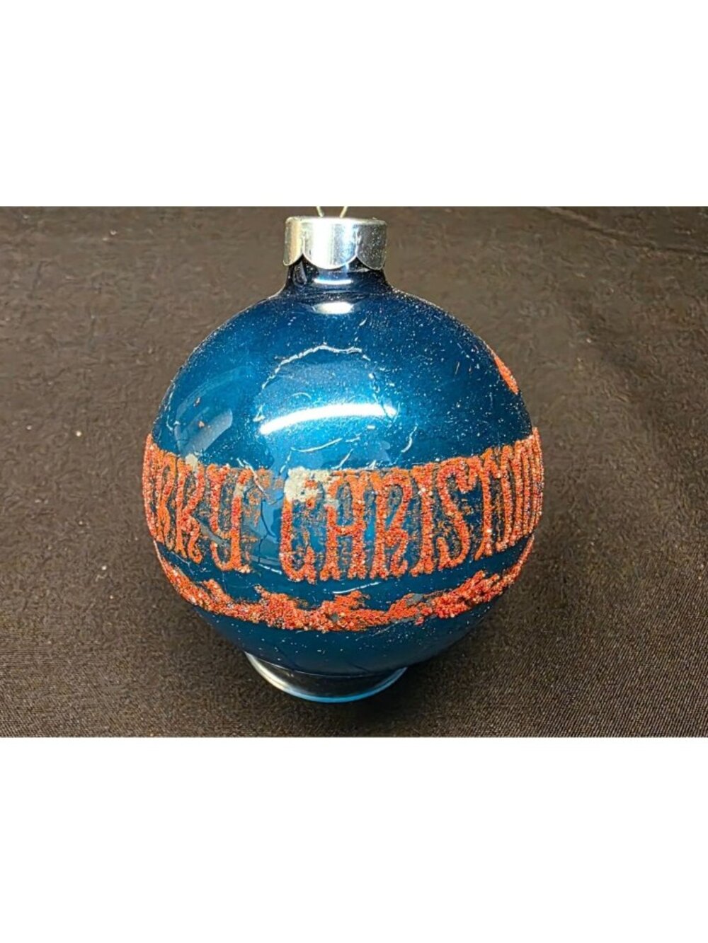 Retro MCM Blue Mercury Glass Mica Stenciled Merry Christmas Ornament Made in USA